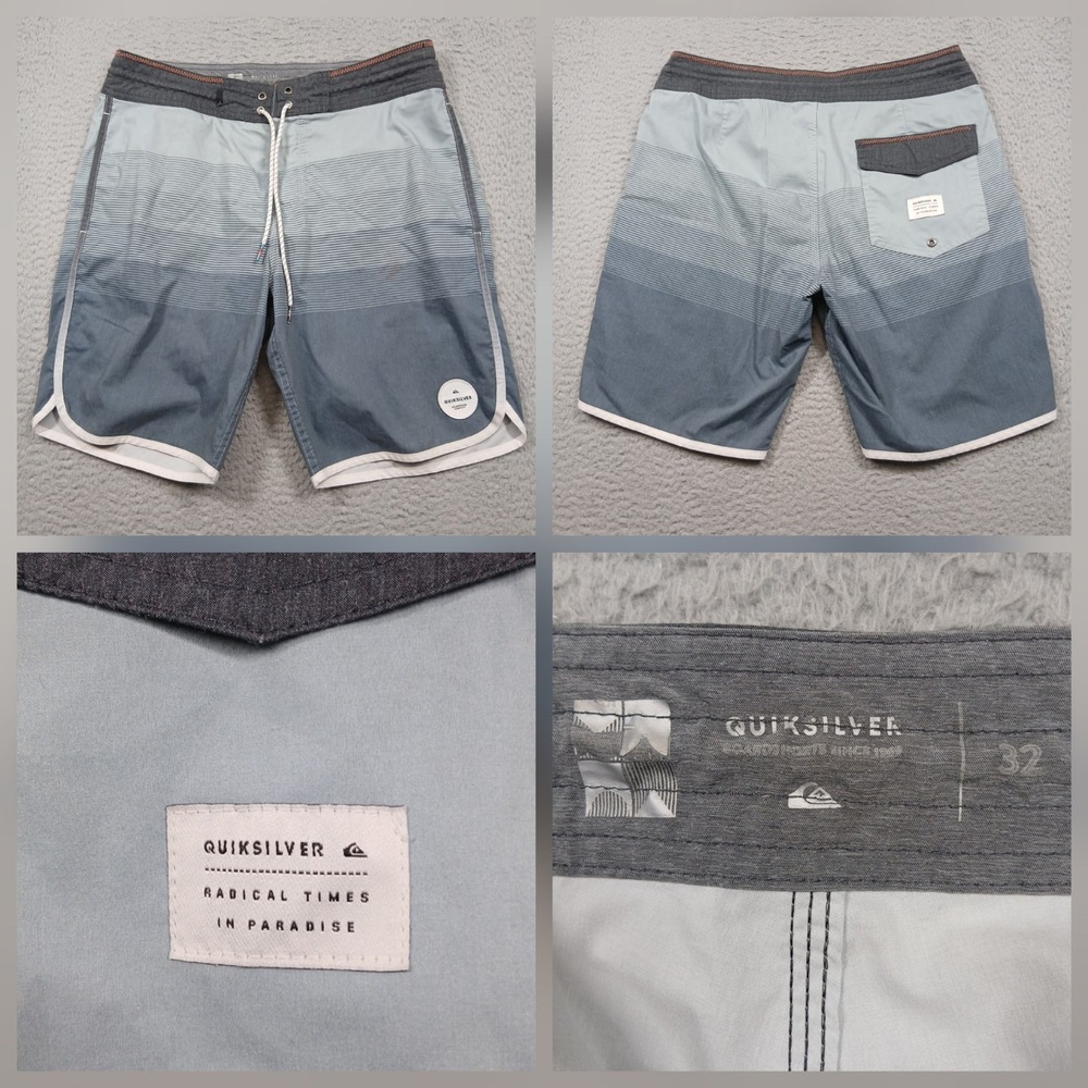 Quiksilver‎ Boardshorts Mens 32 Blue Gray Striped Surf Swim Trunks